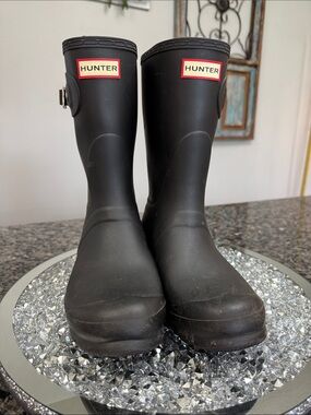Hunter mid calf Black Rain Boots with Red Logo